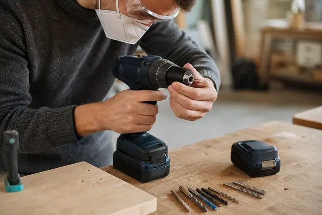 Bricoleur réglant une perceuse-visseuse sans fil sur un établi en bois.