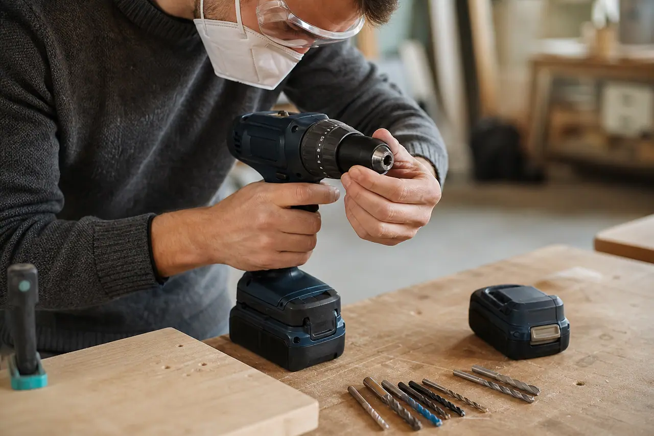 Bricoleur réglant une perceuse-visseuse sans fil sur un établi en bois.