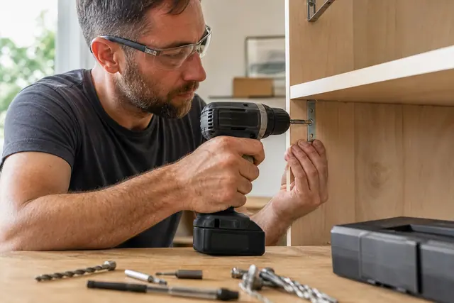 Bricoleur vissant une équerre sur une étagère avec une visseuse compacte.