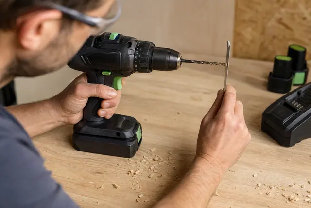 Contrôle du mandrin d’une perceuse-visseuse sans fil sur établi en bois.