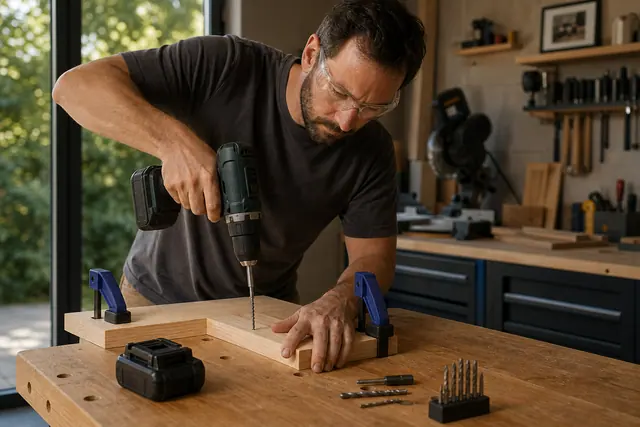 Bricoleur équipé réglant une perceuse-visseuse sans fil sur une planche fixée.
