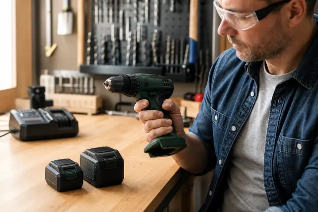 Perceuse sans fil et deux batteries posées sur un établi en bois.