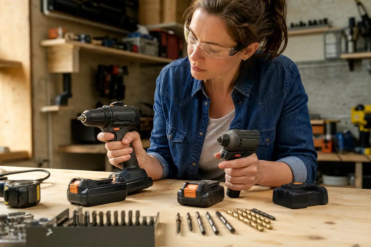 Bricoleuse comparant deux perceuses-visseuses sans fil sur un établi bien rangé.