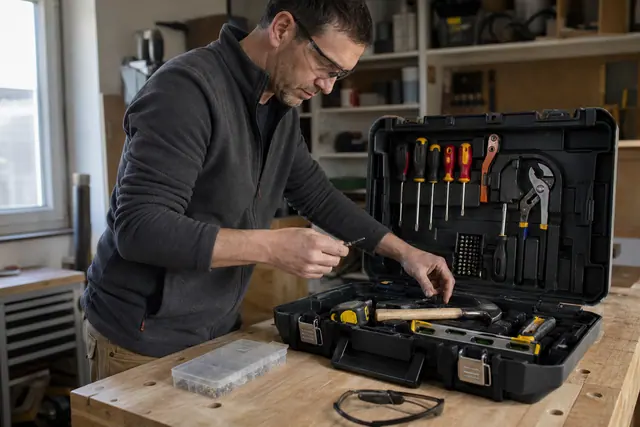 Boîte à outils ouverte avec outils manuels rangés sur un établi domestique.