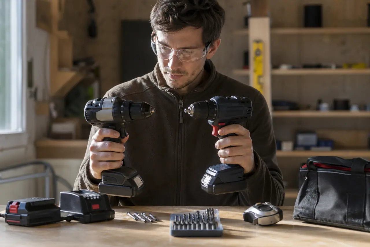 Bricoleur comparant deux perceuses sans fil et leurs accessoires sur un établi.