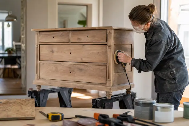 Bricoleur ponçant une commode récupérée sur tréteaux dans un appartement lumineux.