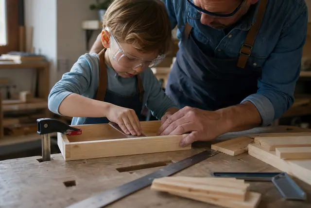 Enfant accompagné ponçant un petit vide-poches en pin sur établi stable.