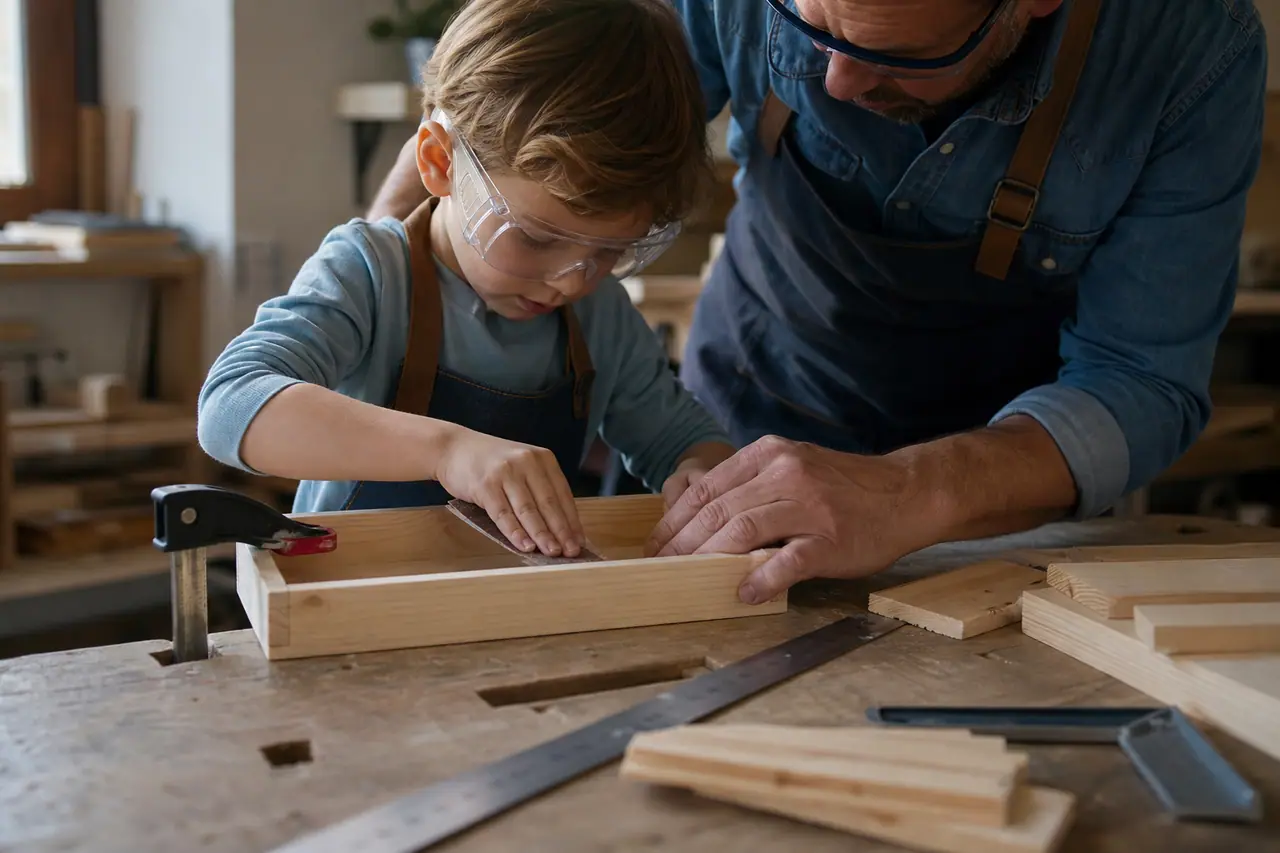 Enfant accompagné ponçant un petit vide-poches en pin sur établi stable.
