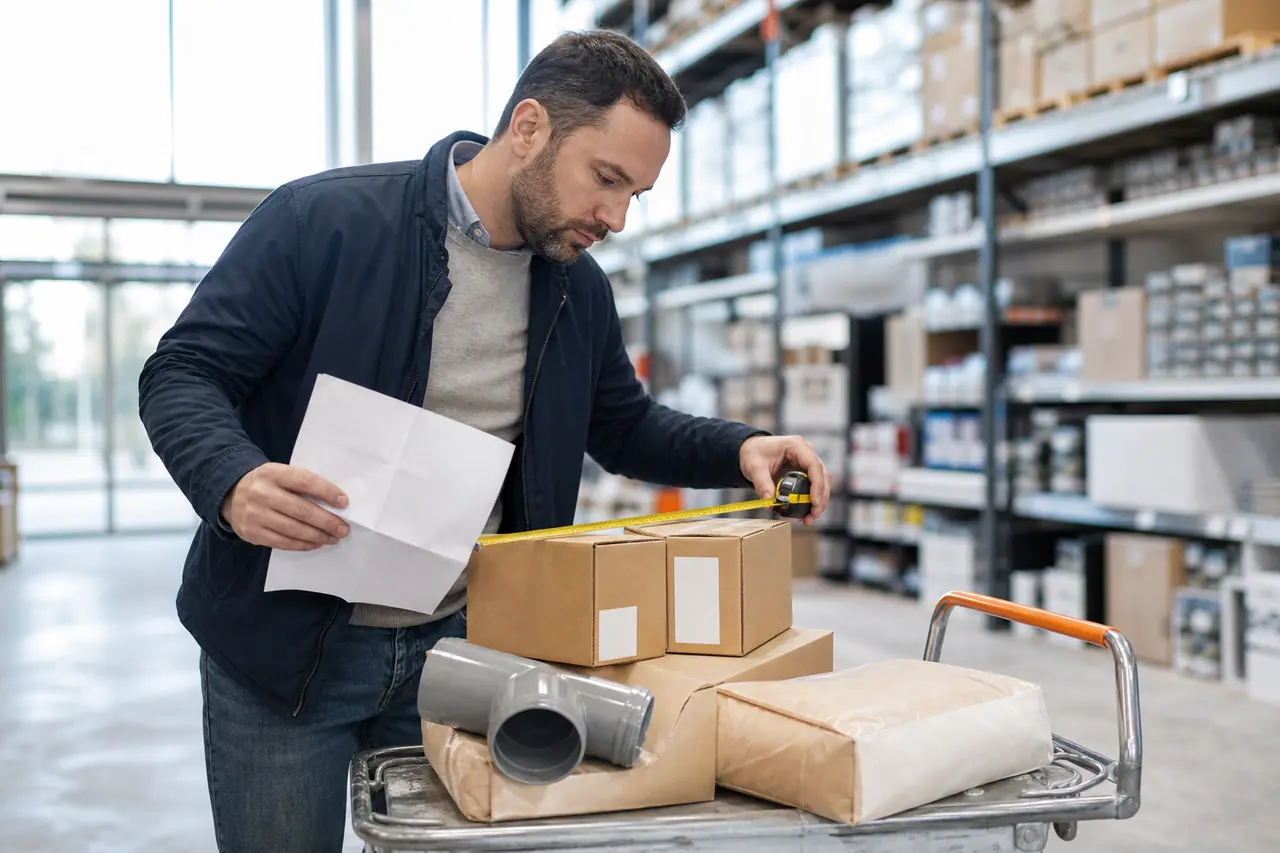 Client vérifiant les références d’une commande de bricolage au comptoir de retrait