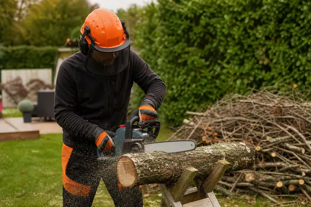 Jardinier équipé coupant une bûche sur chevalet avec une tronçonneuse sans fil.