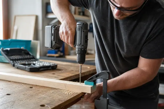 Bricoleur utilisant une perceuse-visseuse sans fil sur un tasseau maintenu à l’établi.