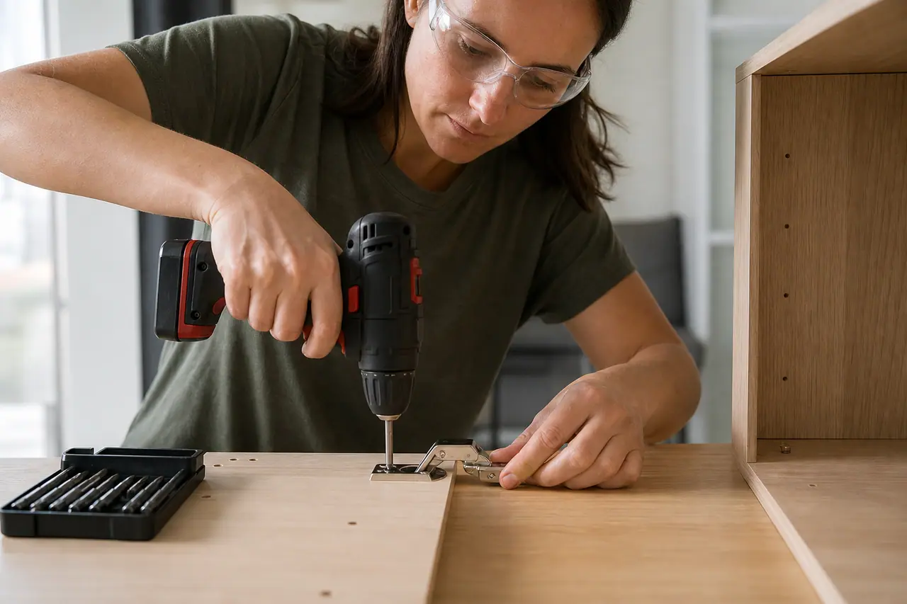 Bricoleuse utilisant une visseuse compacte pour poser une charnière de meuble.