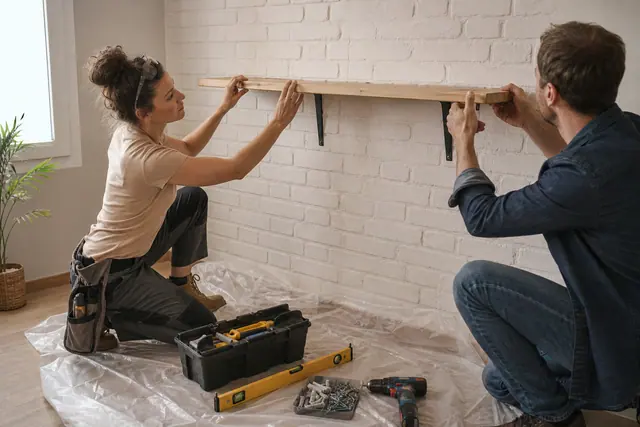 Propriétaire et intervenante vérifiant la fixation d’une étagère murale en bois.