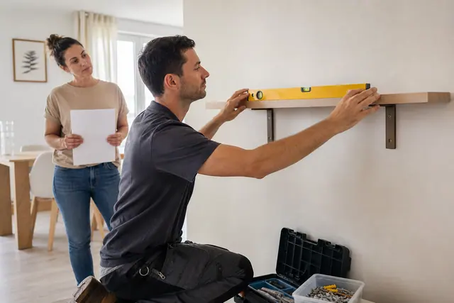 Artisan vérifiant la pose d’une étagère chez une cliente.
