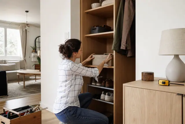 Personne organisant un placard d’entrée avec boîtes et étagère modulable.