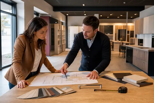 Entrepreneuse étudie un projet de showroom avec échantillons d’aménagement.