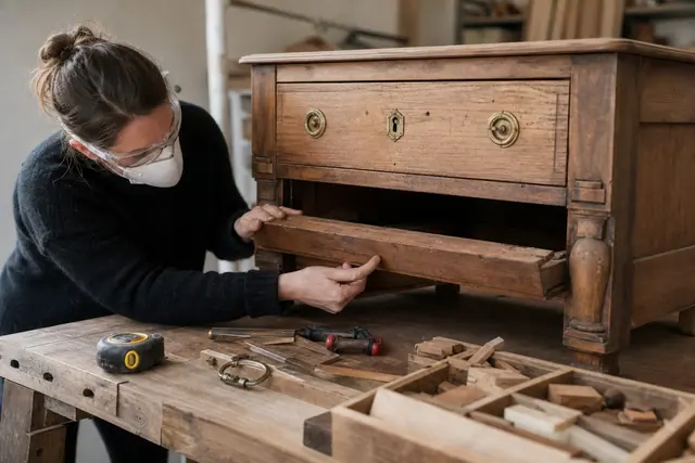Restauration soigneuse d’une commode en bois avec outils et matériaux récupérés.