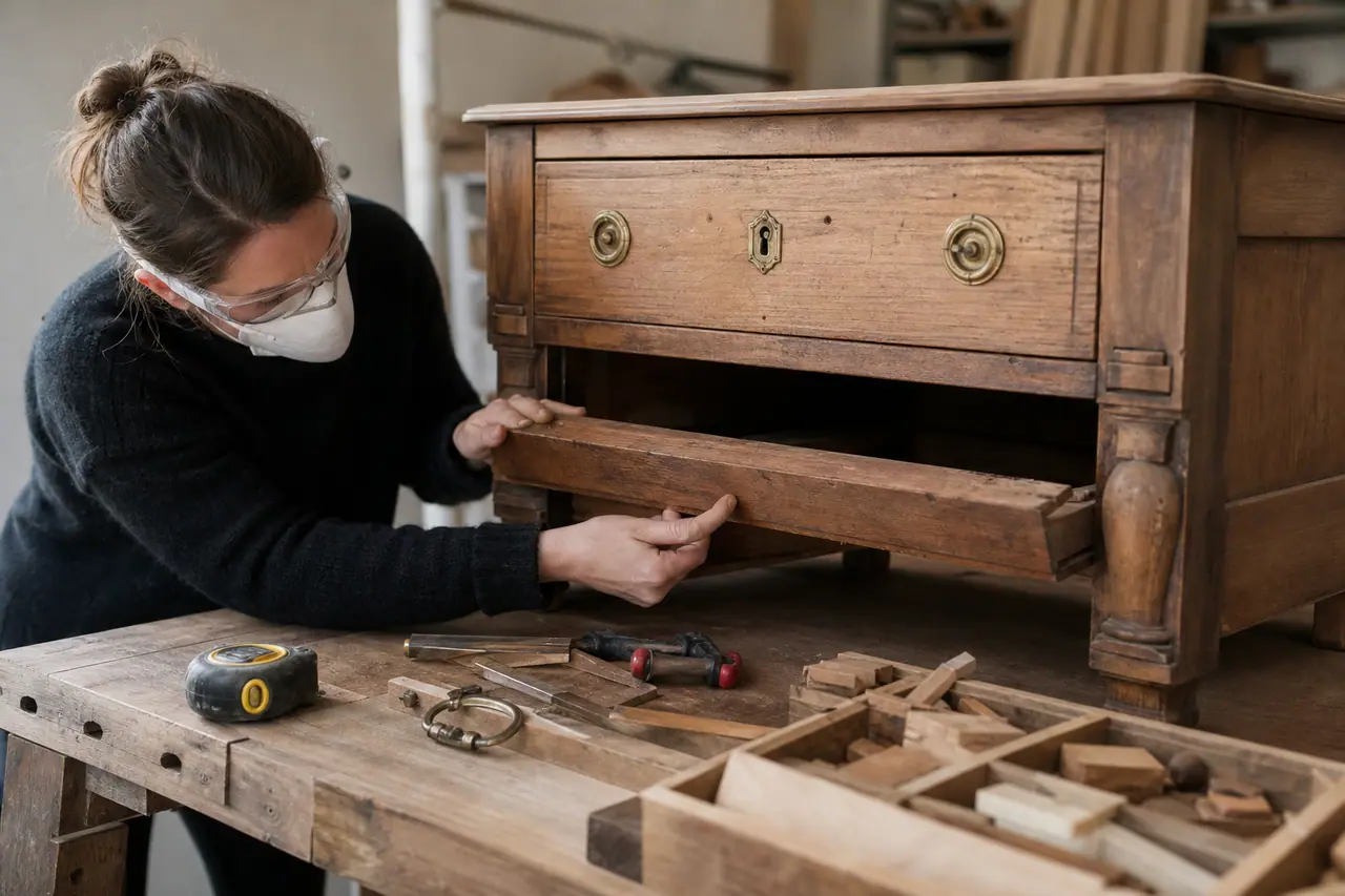 Restauration soigneuse d’une commode en bois avec outils et matériaux récupérés.