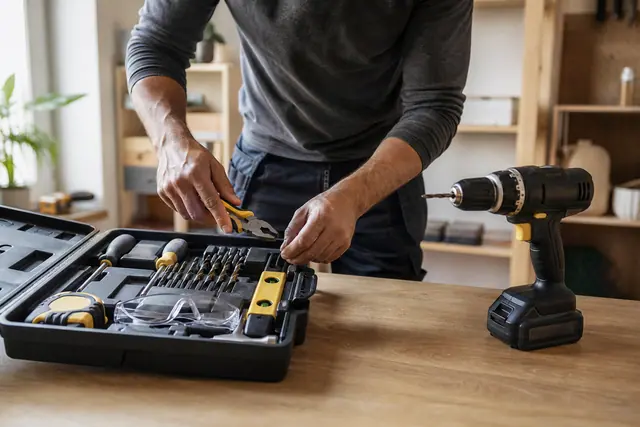 Débutant rangeant perceuse, pinces et mèches dans une boîte à outils.