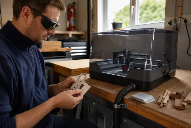 Graveur laser compact fermé installé avec extraction sur un établi d’atelier.
