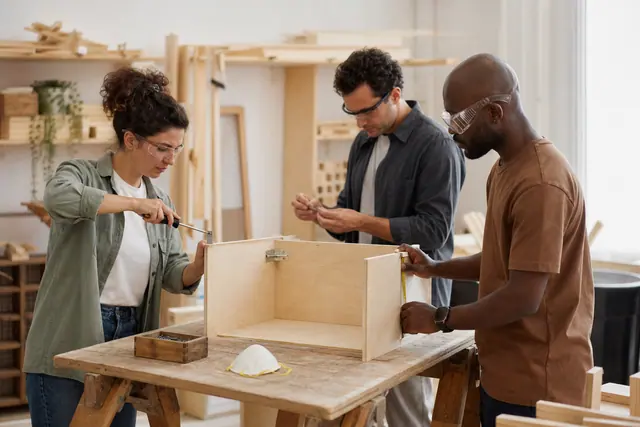 Participants assemblant un rangement en bois dans un atelier associatif lumineux.