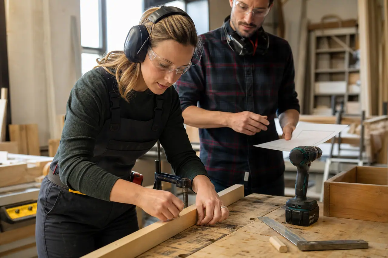 Participant encadré assemblant une pièce de bois sur établi sécurisé.