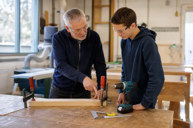 Bénévole explique l’usage sécurisé d’une perceuse à un adolescent dans un atelier partagé.