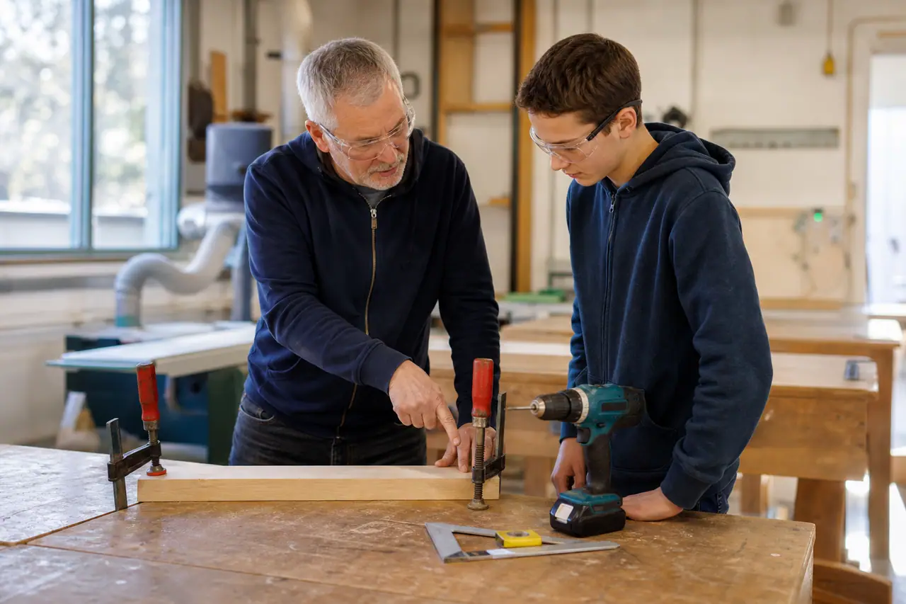 Bénévole explique l’usage sécurisé d’une perceuse à un adolescent dans un atelier partagé.