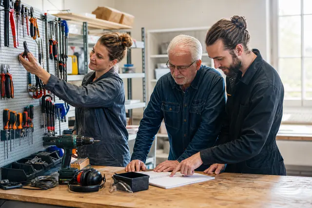 Voisins rangeant des outils dans un atelier partagé lumineux et organisé.