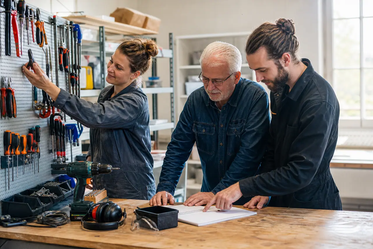 Voisins rangeant des outils dans un atelier partagé lumineux et organisé.