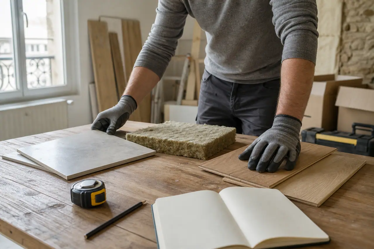Particulier comparant des échantillons de matériaux pour préparer son budget de rénovation.