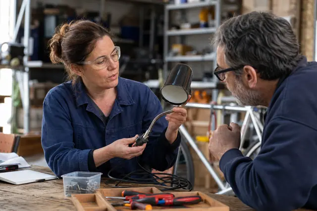 Bénévole guidant la réparation d’une lampe débranchée dans un atelier associatif.