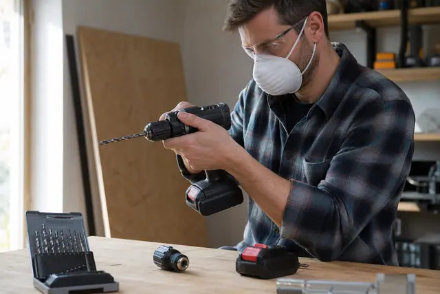 Bricoleur équipé comparant une perceuse sans fil et ses batteries sur établi.