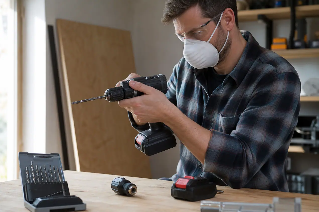 Bricoleur équipé comparant une perceuse sans fil et ses batteries sur établi.