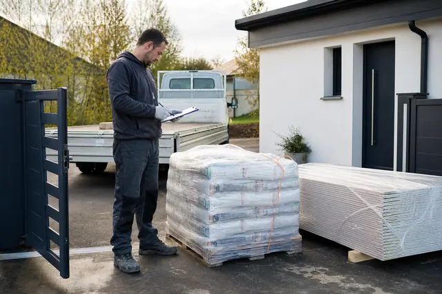 Réception contrôlée de plaques et sacs de mortier devant une maison.