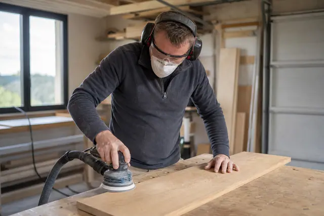 Bricoleur équipé ponçant une planche dans un garage lumineux et rangé.