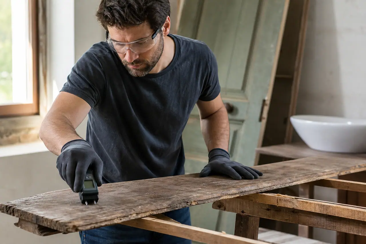 Bricoleur contrôlant l’humidité d’une planche de récupération dans un atelier rangé.