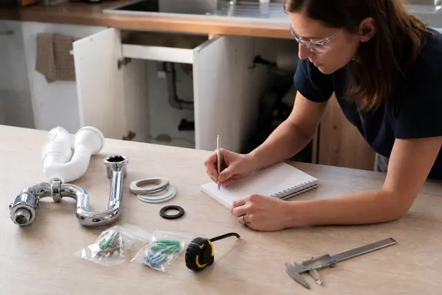 Liste de bricolage, raccord de plomberie et outils de mesure sur un plan de travail.