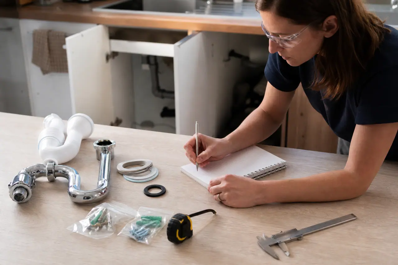 Liste de bricolage, raccord de plomberie et outils de mesure sur un plan de travail.