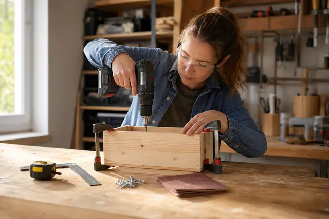Débutante préperçant une caisse en bois sur établi avec lunettes de protection.