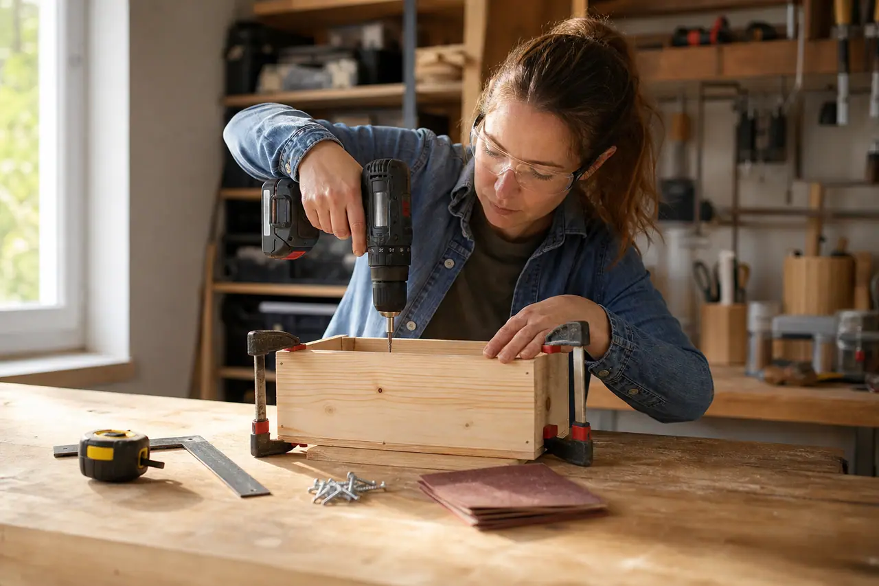 Débutante préperçant une caisse en bois sur établi avec lunettes de protection.