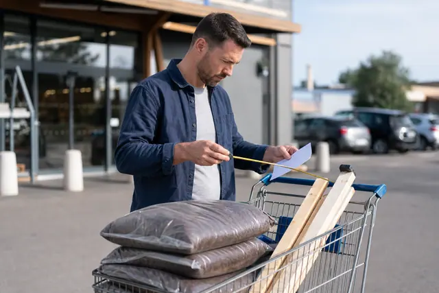 Client préparant ses achats devant un magasin de bricolage à Pocé-sur-Cisse.
