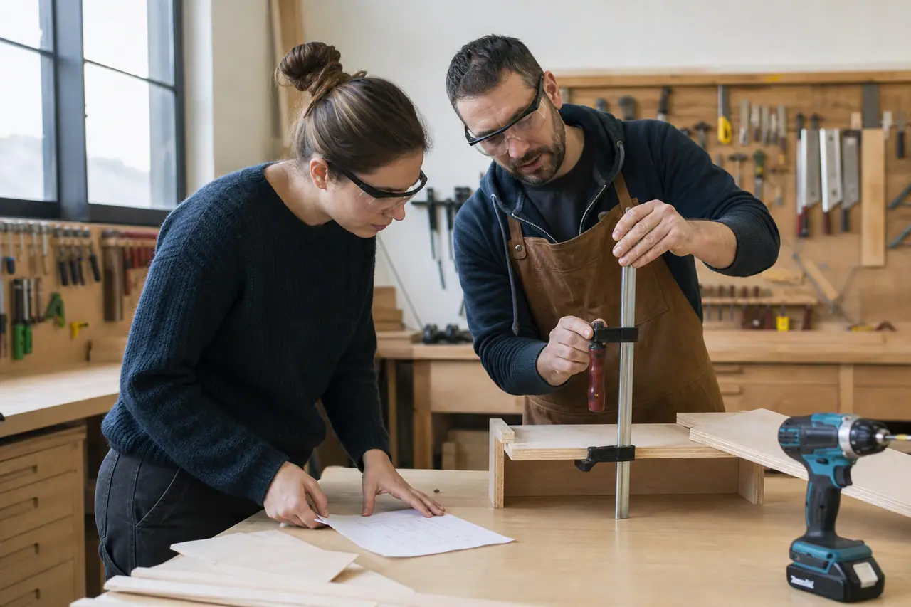 Débutante préparant une étagère dans un atelier partagé avec un animateur.