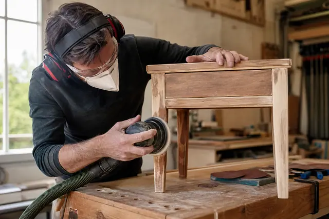 Personne protégée ponçant une petite table en bois sur un établi stable.