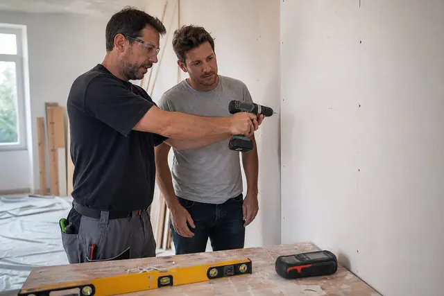 Coach en bricolage montrant un perçage sécurisé dans un appartement rénové.