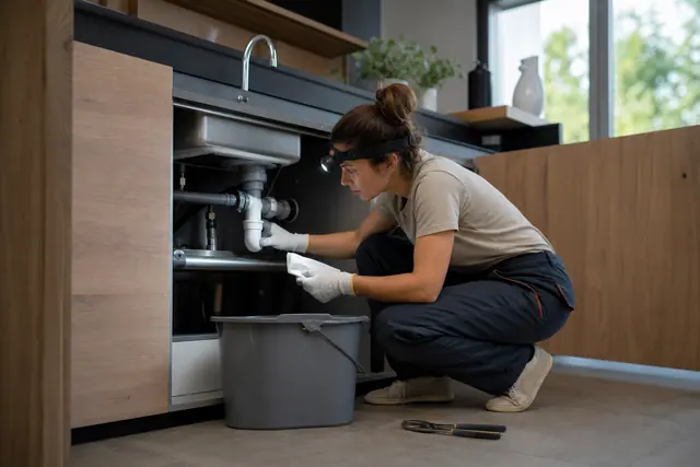 Propriétaire contrôlant un siphon sous évier avec seau et lampe frontale.