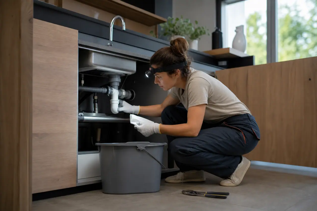Propriétaire contrôlant un siphon sous évier avec seau et lampe frontale.