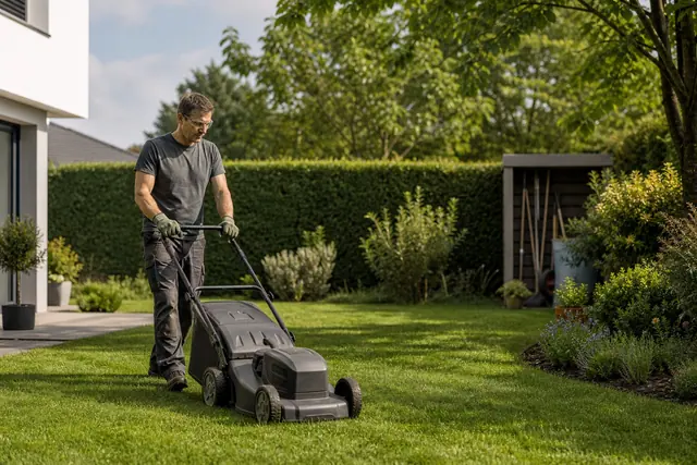 Jardinier équipé tondant une pelouse devant une haie entretenue.