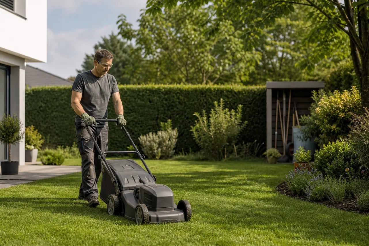 Jardinier équipé tondant une pelouse devant une haie entretenue.