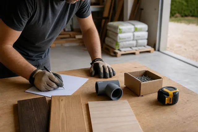 Particulier préparant une liste de matériaux dans son garage avant travaux